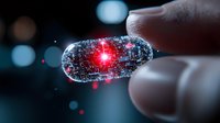 Glowing transparent pill with digital network pattern held between fingers against dark background with bokeh lights. Medical technology concept.