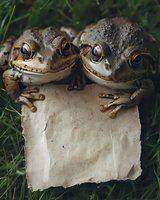 Two brown frogs with large expressive eyes sitting together on blank aged paper in grass, creating whimsical nature scene for storytelling or fairy tale concept.