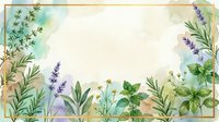 Watercolor botanical frame with lavender, herbs and wildflowers on textured paper background for natural design projects and organic branding materials.