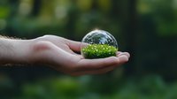 Crystal ball in palm reflects green forest landscape, creating magical environmental conservation concept against blurred natural background.