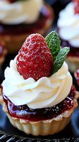 Fresh strawberry tart with whipped cream, mint leaves and jam filling on pastry base, perfect for gourmet dessert menus and food photography.