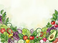 Colorful fresh vegetables and fruits arranged in border design with tomatoes, lettuce, avocado, cucumber, radish and herbs on cream background for healthy eating and nutrition content.