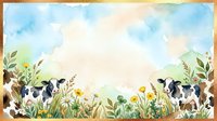 Watercolor illustration of cows grazing in a pastoral meadow with wildflowers and foliage, featuring soft blue sky and natural earth tones, suitable for farm-themed designs and agricultural artwork.