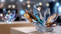 Crystal glass flower with amber and blue petals on blurred bokeh background, elegant decorative piece catching light and creating prismatic reflections.