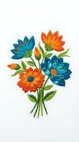Vibrant hand-drawn floral bouquet featuring blue and orange blooms with green stems, isolated on white background for design projects.