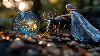 Magical winter scene with glass ornament and silver reindeer decoration on pebbles, glowing bokeh lights creating festive holiday atmosphere.