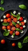 Fresh cherry tomatoes with feta cheese cubes and basil leaves on black plate, seasoned with pepper. Mediterranean style salad on dark background.