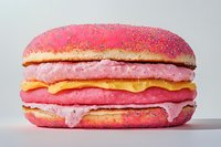Pink burger with colorful layers of meat patties, melted cheese, and creamy sauce between vibrant glittery buns on light background, modern food photography style.