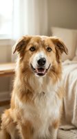 Happy red and white mixed breed dog sitting in cozy bedroom interior with natural window light for pet care and home lifestyle concepts.