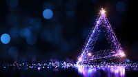Glowing triangle shape with sparkles and light particles against dark background, purple and blue bokeh effects create magical atmosphere.