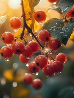 Fresh red currants on branch with water drops and morning dew against blurred golden bokeh background, macro photography with soft natural lighting.