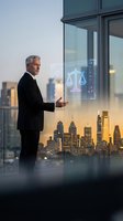 Mature Caucasian businessman using holographic legal technology interface in modern office with city skyline view at sunset for corporate law applications.