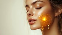 Young woman with glowing golden honey drops dripping on face, closed eyes, and radiant dewy skin showcasing luxury skincare and beauty treatment effects.