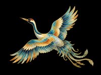 Elegant crane in flight with golden and teal plumage, isolated on transparent background. Ready for t-shirt design, clipart, stickers, sublimation, and print-on-demand projects.
