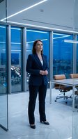 Caucasian female professional in dark business suit standing in modern high-rise office with floor-to-ceiling windows overlooking city skyline at dusk, contemporary workspace setting.