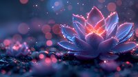 Glowing lotus flower with magical sparkles and bokeh effects in pink and blue colors against dark background creates mystical atmosphere.
