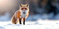 Red fox standing in fresh snow during winter sunrise, soft natural lighting creates magical atmosphere with blurred background. Wildlife photography panoramic format.