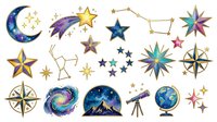 Celestial and astronomy icons set with crescent moon, stars, constellations, telescope, globe and compass rose. Isolated clipart elements ready for design projects.