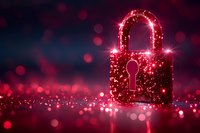 Glowing red padlock with sparkles against dark background, symbolizing digital security and data protection. Bokeh light effects create magical atmosphere.