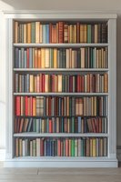 Classic white wooden bookshelf filled with vintage hardcover books in various colors and sizes arranged on six shelves, creating organized library atmosphere.