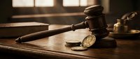 Wooden judge gavel and golden scales on courtroom desk with warm sunlight streaming through windows creating dramatic legal atmosphere for justice concepts.