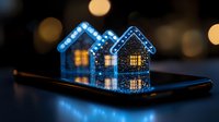 Glowing miniature houses on smartphone screen with bokeh background create magical evening atmosphere, concept of smart home technology and digital living.
