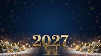 Golden 2027 text with reindeer silhouette surrounded by snowflakes, bokeh lights and snow on dark blue background for holiday season celebrations.
