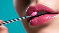Close-up of applying glossy pink lipstick with professional makeup brush against turquoise background, showing perfect lip contour and cosmetic application technique.