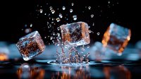 Frozen ice cubes splashing into water with dramatic lighting and water drops against dark background, creating dynamic motion and reflections in blue and orange tones.