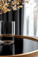 Glass of whiskey on golden tray with dried flowers in background, moody dark atmosphere with window light creating elegant home bar setting.