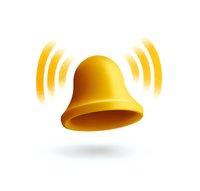 Golden ringing bell with sound waves on white background, floating with soft shadow. Notification symbol for apps and interface design.