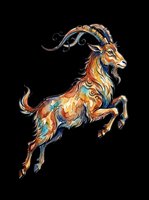 Colorful stylized goat with curved horns leaping in dynamic pose, featuring warm orange, blue, and gold tones. Isolated on transparent background, ready for t-shirts, stickers, clipart, and print-on-demand designs.