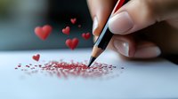 Female hand with manicured nails drawing tiny red hearts with pencil on white paper, romantic hearts floating above creating dreamy atmosphere for valentines designs.