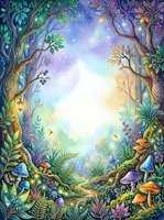 Enchanted forest clearing with glowing trees, magical mushrooms, and luminous foliage framing a radiant central light, suitable for fantasy backgrounds and children's book illustrations.