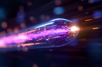 Glowing bullet with light trails moving at high speed through dark space, creating vibrant purple and blue energy effects with motion blur and bokeh elements.