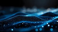 Glowing blue digital wave pattern with particles and bokeh effects on dark background creates futuristic technology visualization for business presentations.