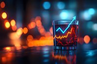Glass with glowing stock market chart projection against blurred orange and blue bokeh background, creative financial concept showing upward trend.