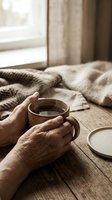 Elderly hands holding warm coffee cup on wooden table near window with cozy blanket creating peaceful morning atmosphere for relaxation and comfort.