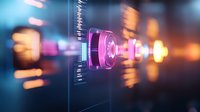 Futuristic audio equalizer visualization with glowing purple and orange lights, digital sound waves and frequency bars on dark background. Music technology concept.