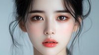 Young Asian woman with coral lipstick, natural glowing makeup, and soft black hair wearing white against light background. Clean beauty portrait showcasing modern K-beauty trends.