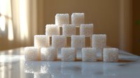White sugar cubes stacked in pyramid formation on reflective surface with soft natural lighting and shadows, demonstrating sweetness and geometric composition.