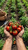 Elderly farmer's weathered hands holding fresh ripe red tomatoes in organic vegetable garden with wicker basket and green plants in background.
