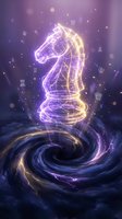 Glowing neon chess knight piece with electric energy effects and swirling vortex base surrounded by floating chess symbols on purple gradient background.