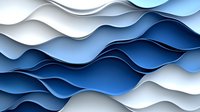 Abstract layered waves in blue and white tones create dynamic flowing pattern. Curved paper cut shapes form dimensional background with soft shadows and gradients.