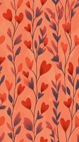 Seamless floral pattern with red and purple heart-shaped leaves on coral background. Romantic botanical repeat design for fabric, wallpaper, and wrapping paper.