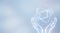 Hands holding glowing energy sphere with swirling light effects on soft gradient background for wellness and spiritual healing concepts.