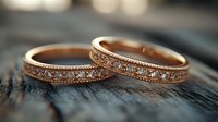 Rose gold wedding bands with intricate vintage-style diamond detailing rest on rustic wooden surface in warm lighting, showcasing delicate craftsmanship and romantic symbolism.