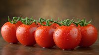 Fresh ripe cherry tomatoes on vine with water drops, bright red color and green stems against dark background, macro food photography.
