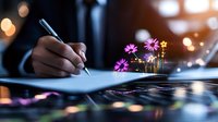 Professional signing document with magical glowing pink flowers emerging from paper, creative business concept with bokeh light effects in dark office setting.
