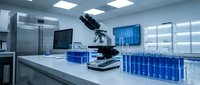 Modern laboratory interior with microscope and blue test tubes on white counter for scientific research and medical analysis.